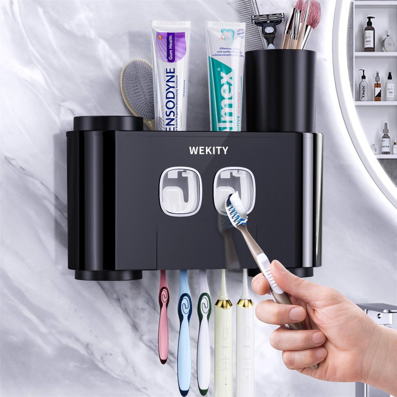 Wekity Toothbrush Holder Wall Mounted  Multi-Functional Toothbrush Holder Toothpaste Dispenser for Bathroom with 5 Toothbrush Slots  2 Toothpaste Squeezers and 4 Cups - Image 1